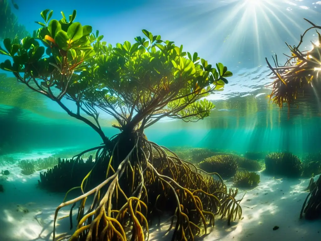 Un exuberante bosque de manglares bajo el agua, con luz solar iluminando raíces y vida marina