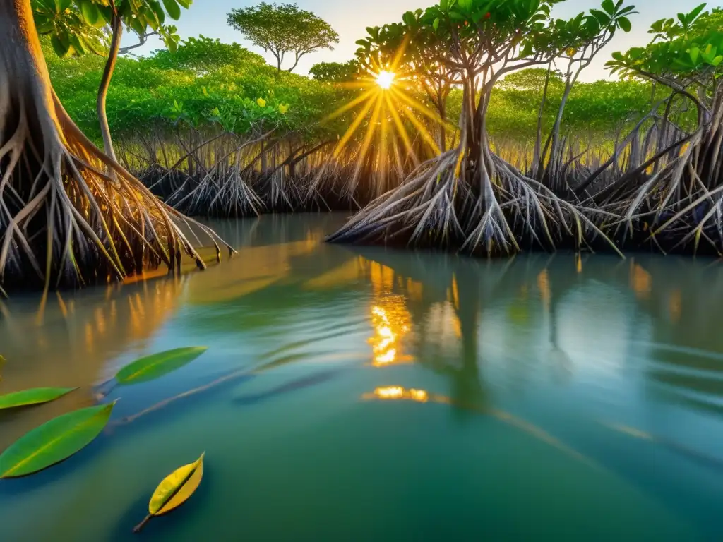 Un exuberante bosque de manglares al atardecer, reflejando cálidos tonos dorados del sol