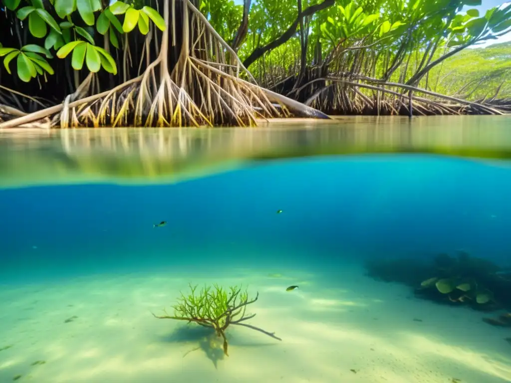 Un exuberante manglar con intrincados sistemas de raíces sumergidos en agua cristalina