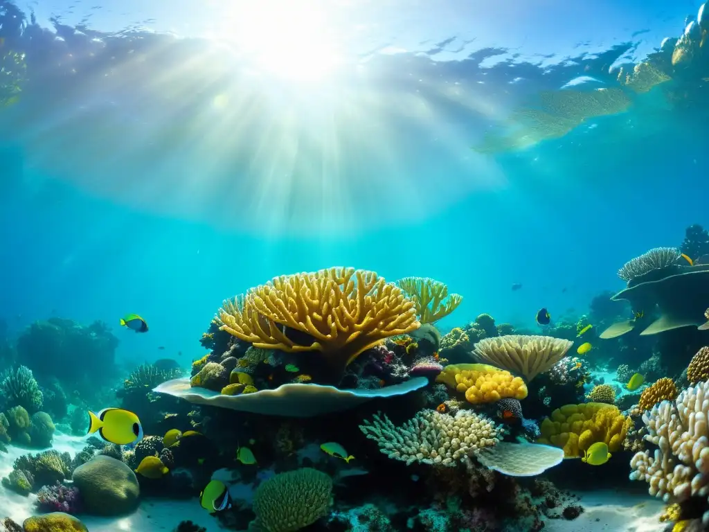 Una exuberante fotografía submarina que muestra un arrecife de coral próspero, habitado por una variedad de peces y vida marina colorida