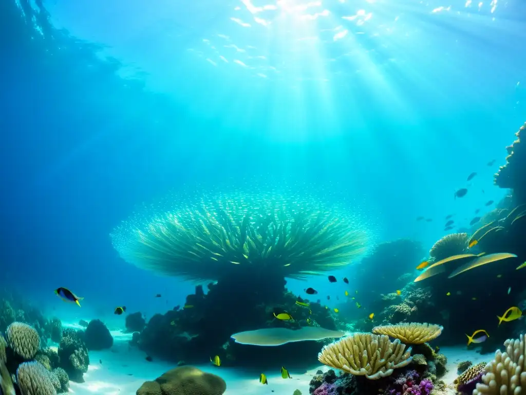 Una exuberante fotografía submarina de un vibrante arrecife de coral repleto de peces coloridos y vida marina