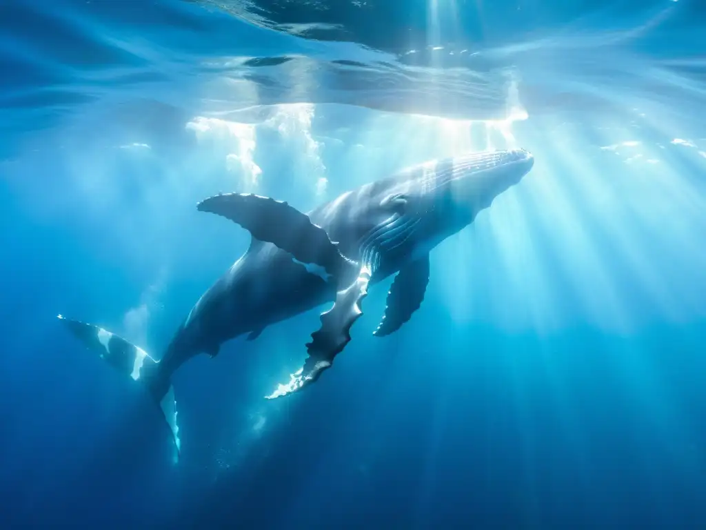 Una familia de majestuosas ballenas jorobadas nada graciosamente en aguas cristalinas, con rayos de sol que iluminan el paisaje submarino