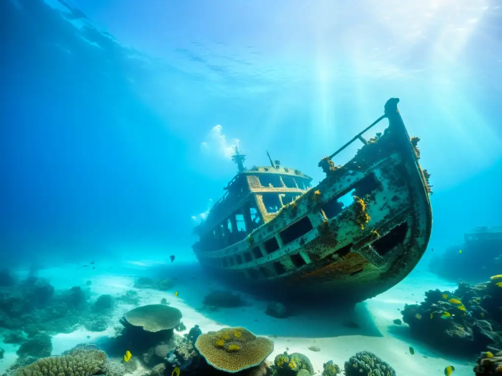 Exhibición fascinante de arqueología marina en naufragio rodeado de coral vibrante y vida marina, con luz solar filtrándose