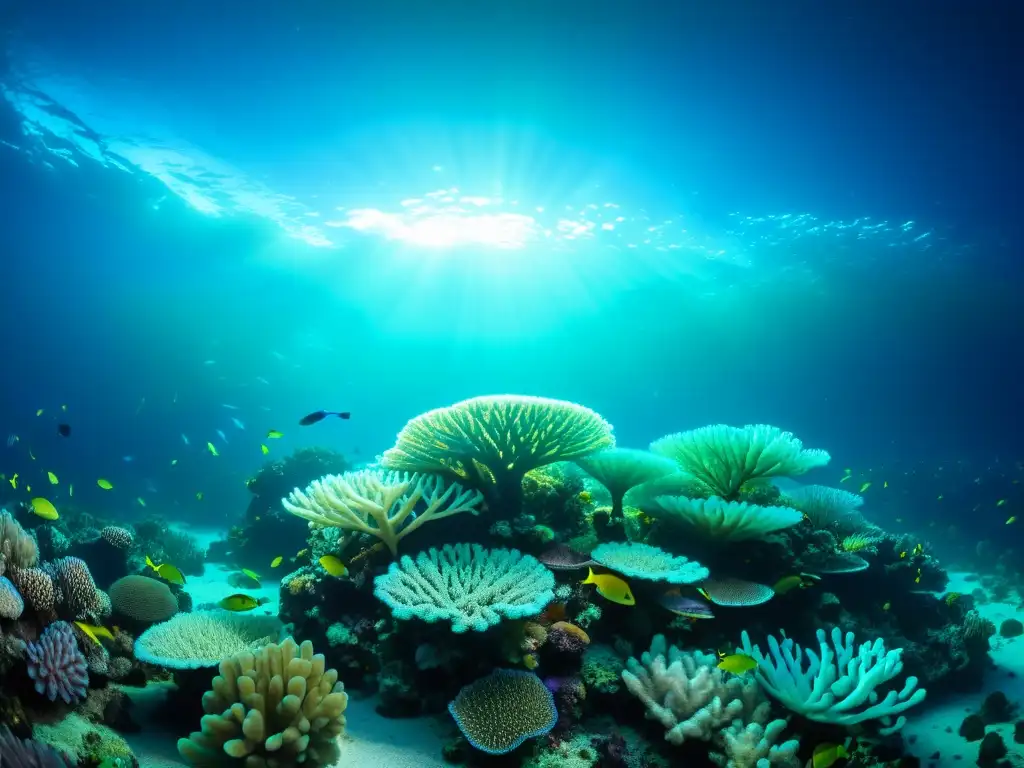 Un fascinante arrecife de coral iluminado por organismos bioluminiscentes, creando una escena cautivadora en la oscuridad del mar