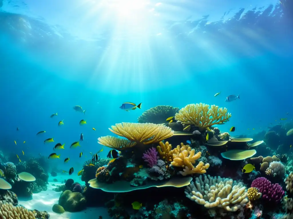 Un fascinante arrecife de coral repleto de peces y vida marina, con aguas cristalinas y detalles intrincados