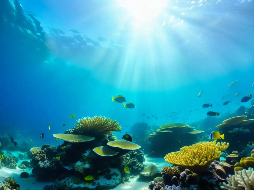 Un fascinante arrecife de coral marino con una diversidad de vida acuática vibrante, reflejando los beneficios del colágeno marino para la piel