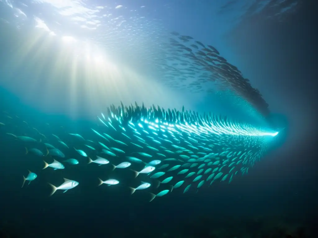 Un fascinante banco de peces abisales migrando en las profundidades, iluminados por patrones bioluminiscentes