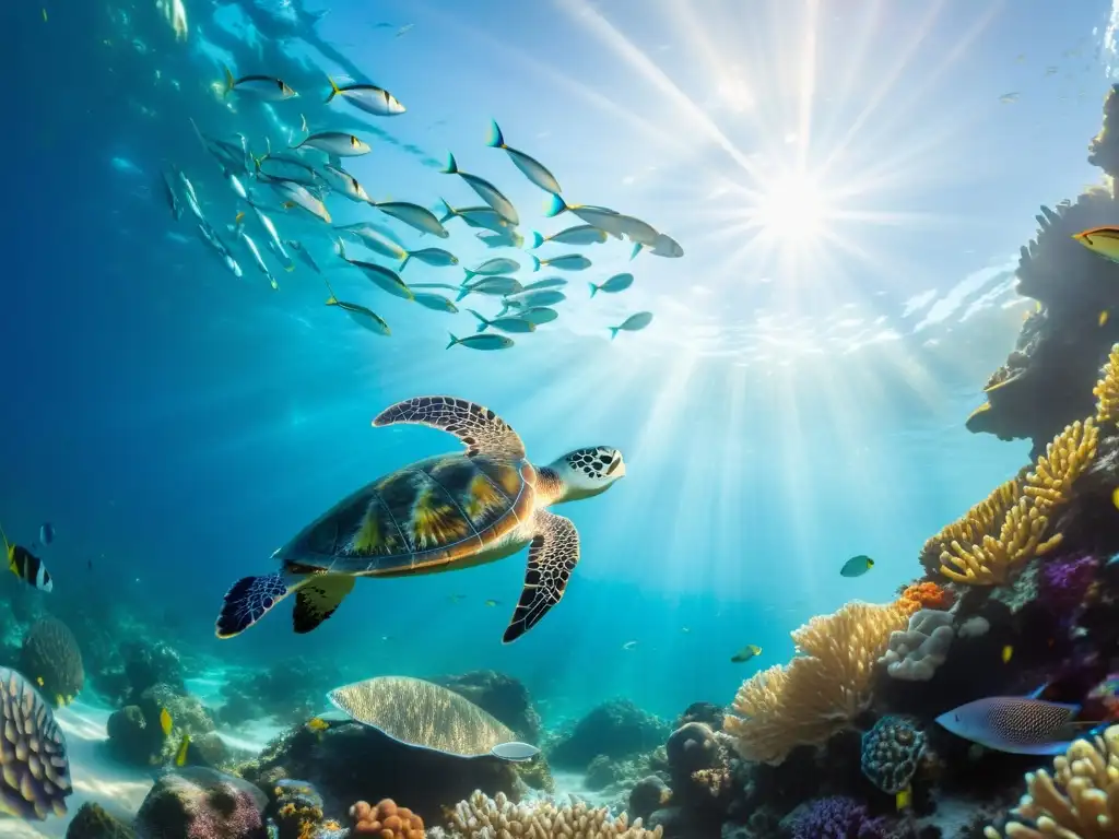 Un fascinante ecosistema marino con corrientes marítimas y competición alimenticia entre peces plateados y una majestuosa tortuga marina