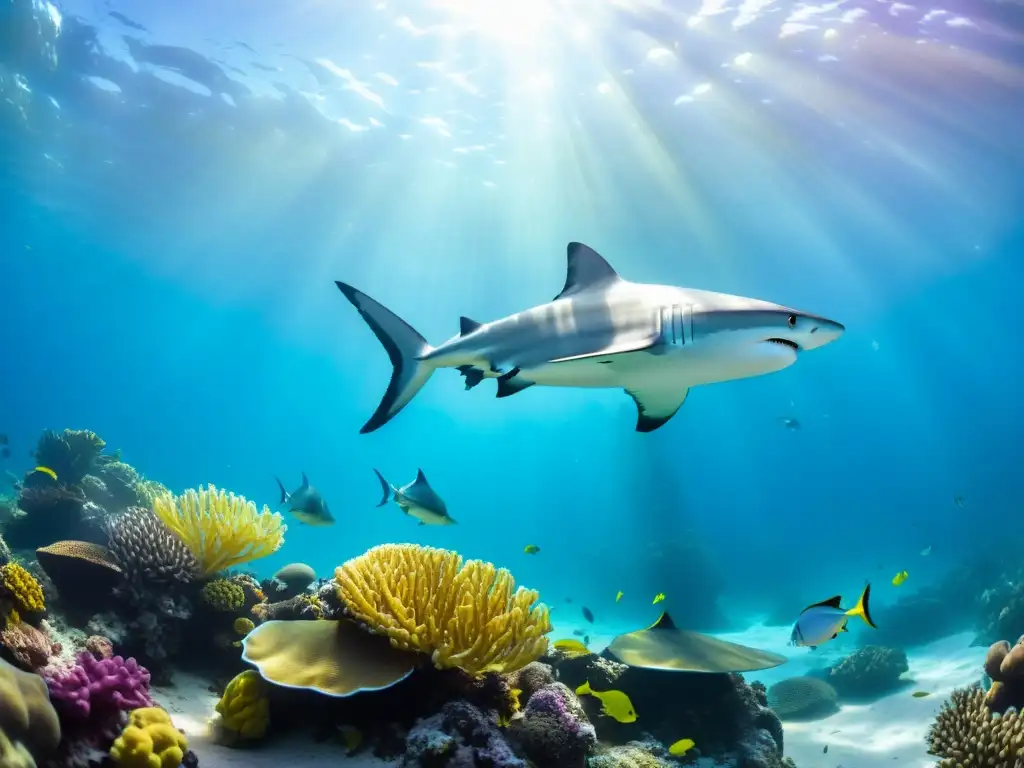 Un fascinante ecosistema marino con una variedad de especies de peces cartilaginosos, nadando entre coloridos arrecifes de coral y plantas marinas