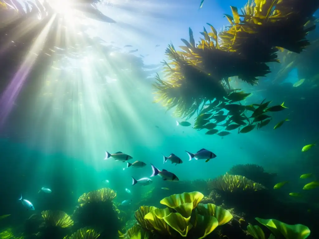 Un fascinante ecosistema submarino con una colorida escuela de peces de agua fría entre algas verdes vibrantes, iluminado por el sol