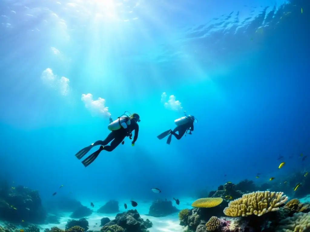 Fascinante escena submarina con agua cristalina, arrecifes de coral vibrantes y buceadores explorando