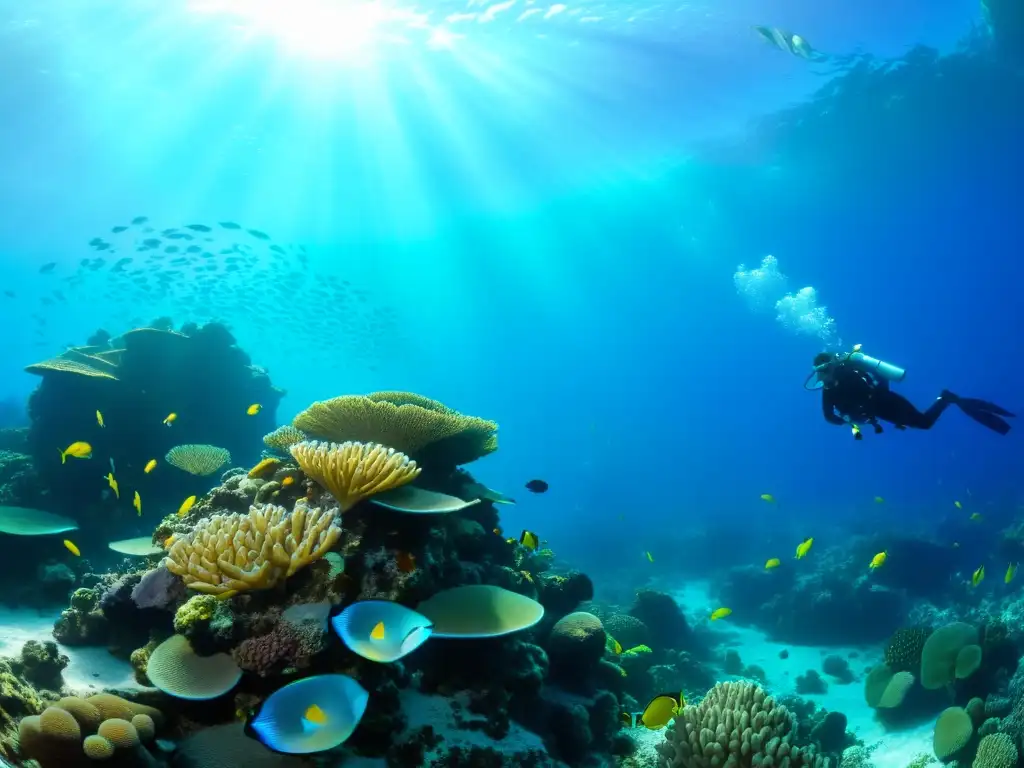 Una fascinante escena submarina con un arrecife de coral vibrante, peces coloridos y buceadores explorando