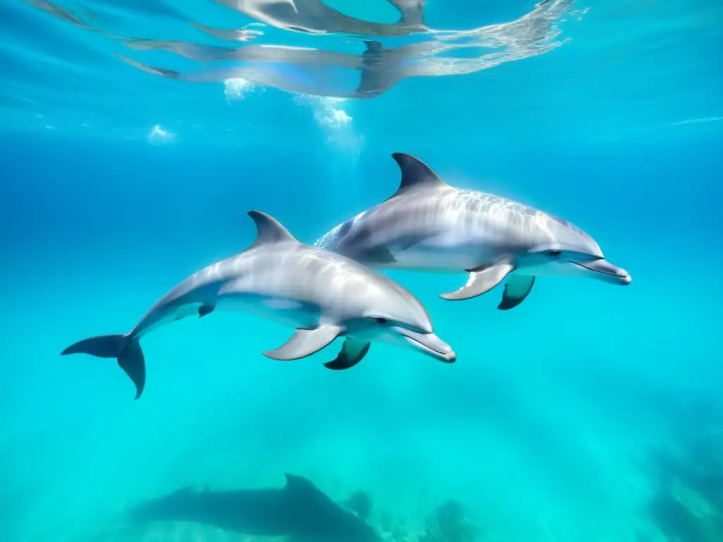 Una fascinante imagen submarina muestra un grupo de elegantes delfines nadando graciosamente en aguas turquesas