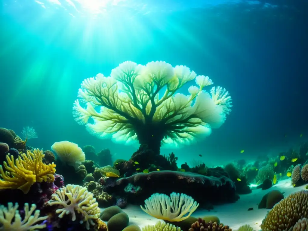 Una fascinante fotografía submarina muestra un arrecife de coral vibrante, lleno de especies de plancton colorido