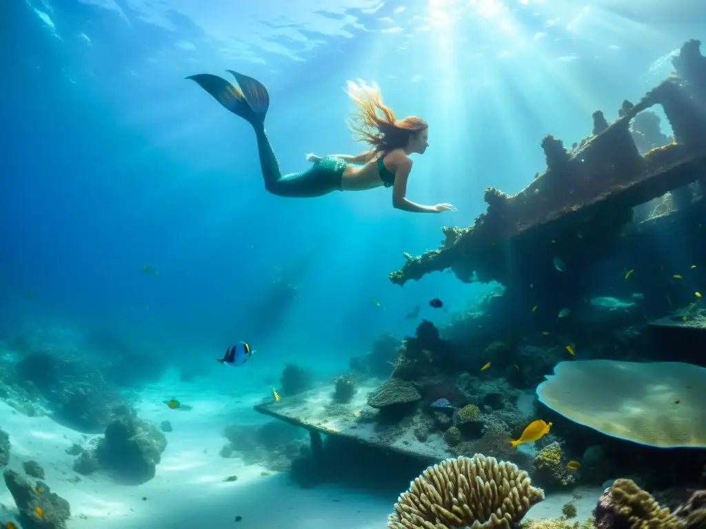 Una fascinante fotografía submarina de un modelo de sirena entre los restos de un barco hundido, sumergida en un ambiente etéreo y cautivador