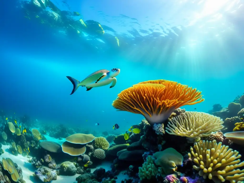 Una fascinante fotografía submarina que captura un vibrante arrecife de coral rebosante de vida marina, la combinación de lujo en platos de mariscos