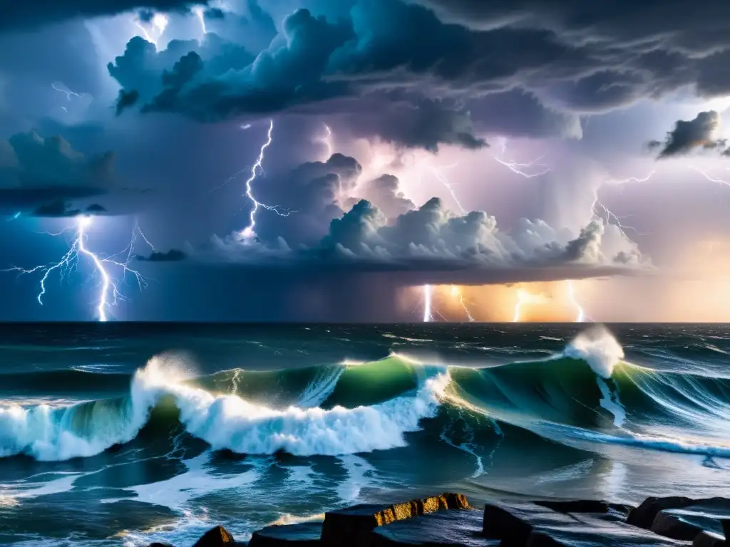 Fenómenos oceánicos: tormenta eléctrica sobre el mar, con nubes oscuras y relámpagos