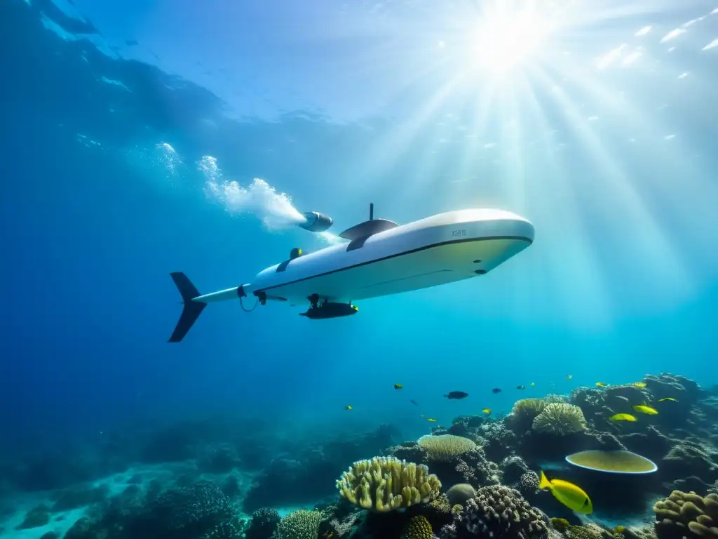 Flota de vehículos autónomos submarinos oceanografía surcando aguas cristalinas entre arrecifes de coral y vida marina vibrante