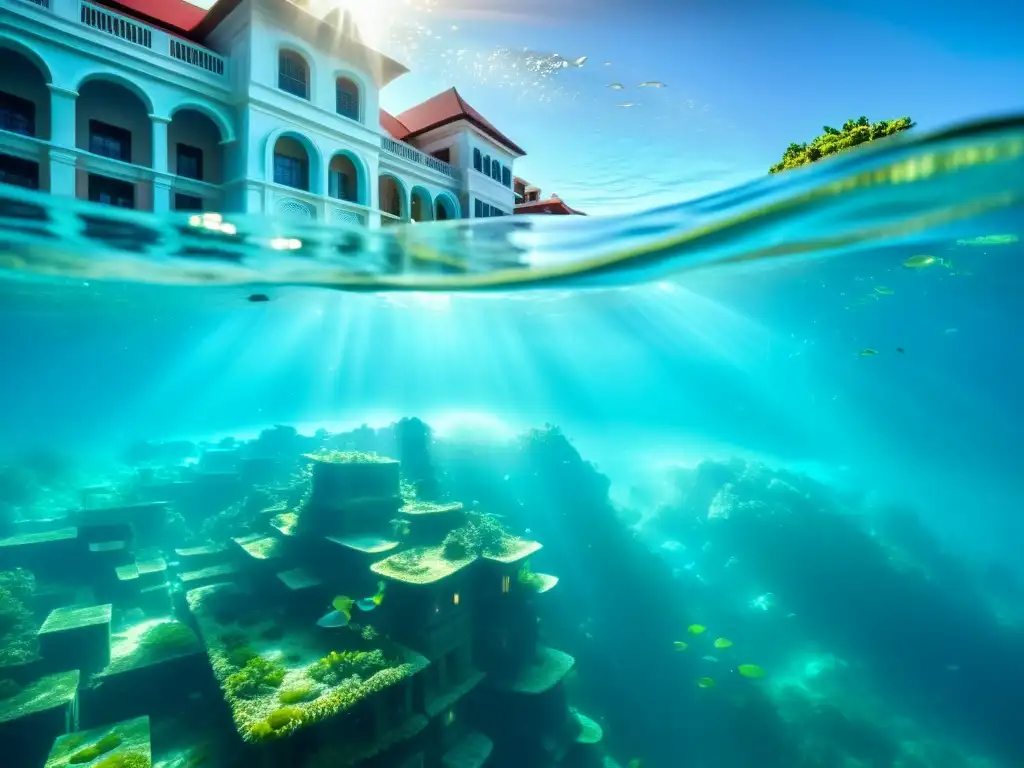 Foto subacuática de una ciudad sumergida con vida marina vibrante, transmitiendo un mundo fascinante de novelas futuros sumergidos vida marina