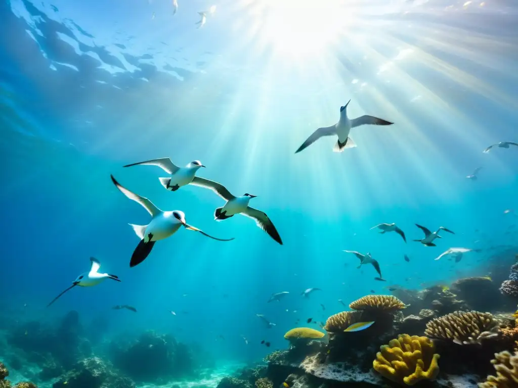 Foto submarina de aves marinas sobre arrecife de coral