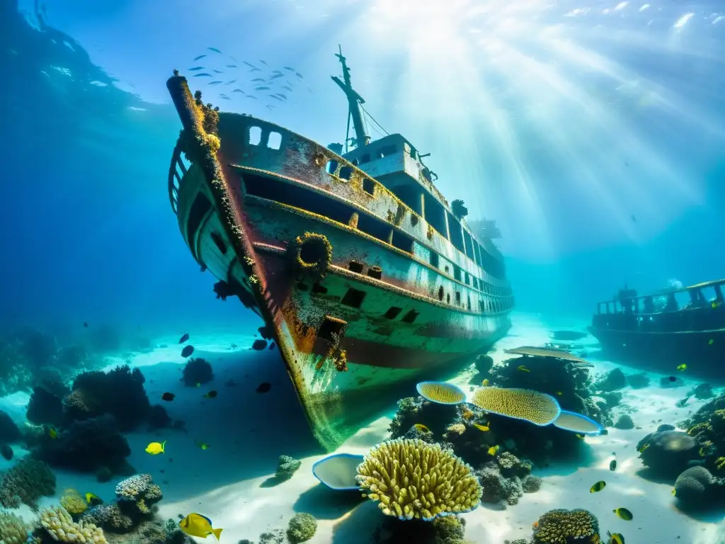 Foto submarina de un barco hundido rodeado de peces y coral, con los rayos del sol creando un juego de luces en el fondo del mar