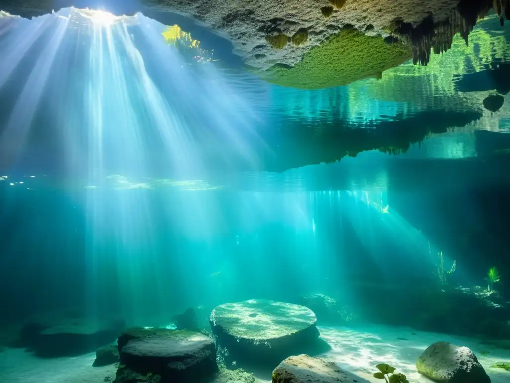 Una fotografía subacuática de cenotes, con juego de luces y sombras en formaciones de piedra caliza, revela una red de cavernas y túneles sumergidos