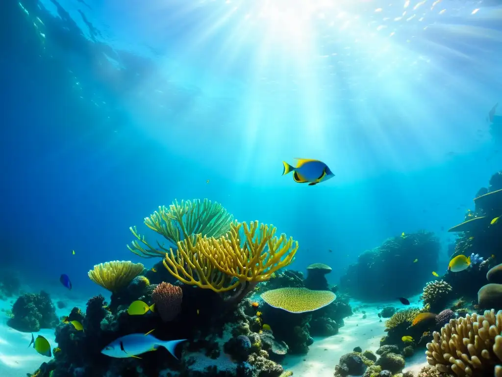 Una fotografía subacuática de la vibrante belleza de la vida marina en un arrecife de coral, con peces coloridos y plantas marinas, bajo la luz del sol filtrándose en el agua azul