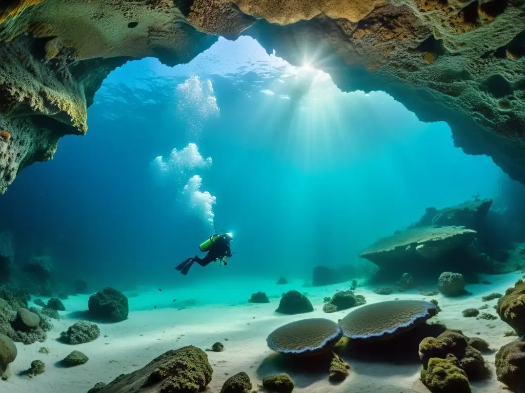 Un fotógrafo de buceo en cuevas ajusta su equipamiento mientras captura la belleza submarina