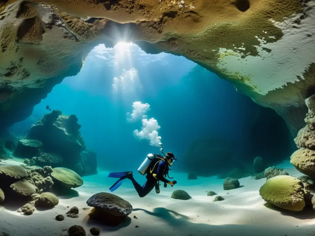 Un fotógrafo profesional de buceo en cuevas ajusta su equipo fotográfico bajo el agua, capturando la mística belleza subacuática