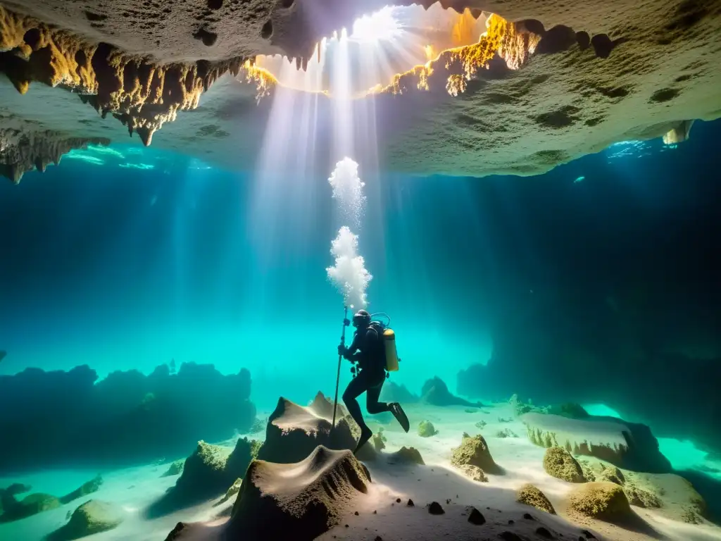 Un fotógrafo subacuático captura la belleza de una caverna sumergida, iluminada por la luz natural