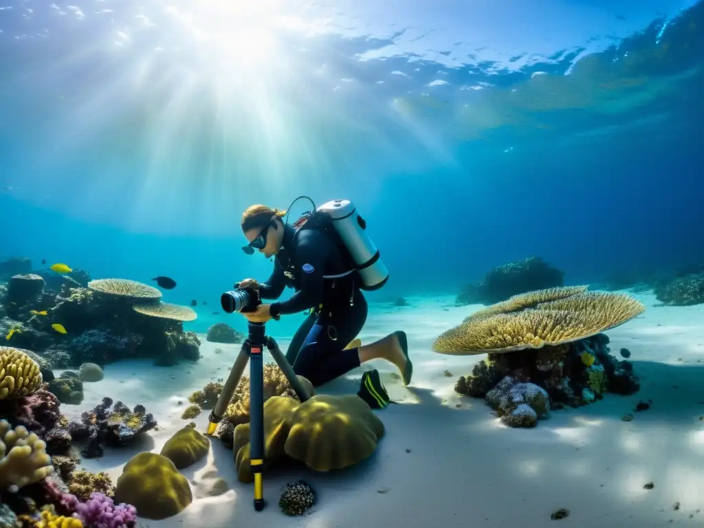 Un fotógrafo subacuático profesional ajustando su trípode en el fondo marino, rodeado de vida marina y corales vibrantes