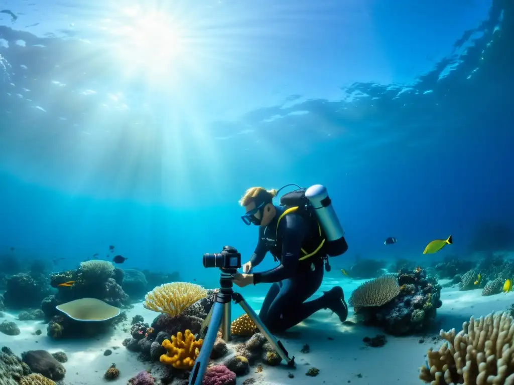 Un fotógrafo subacuático ajusta su trípode en el lecho marino, rodeado de vida marina y coloridos arrecifes de coral