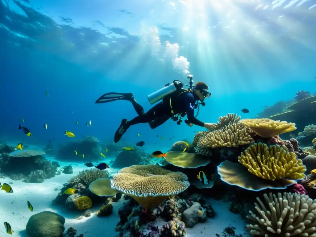 Un fotógrafo subacuático ajusta su trípode para capturar un vibrante arrecife de coral rodeado de peces coloridos