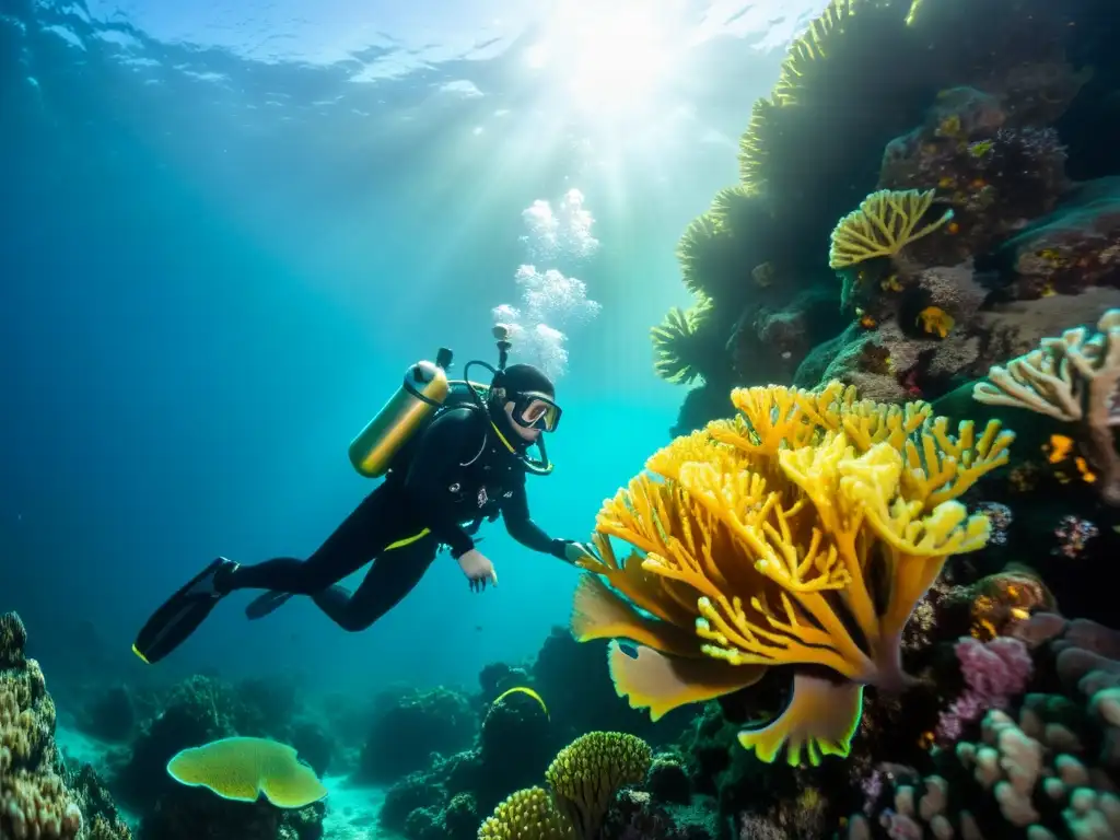 Un fotógrafo submarino captura la belleza de un arrecife de coral bajo el agua, con la luz del sol iluminando la escena