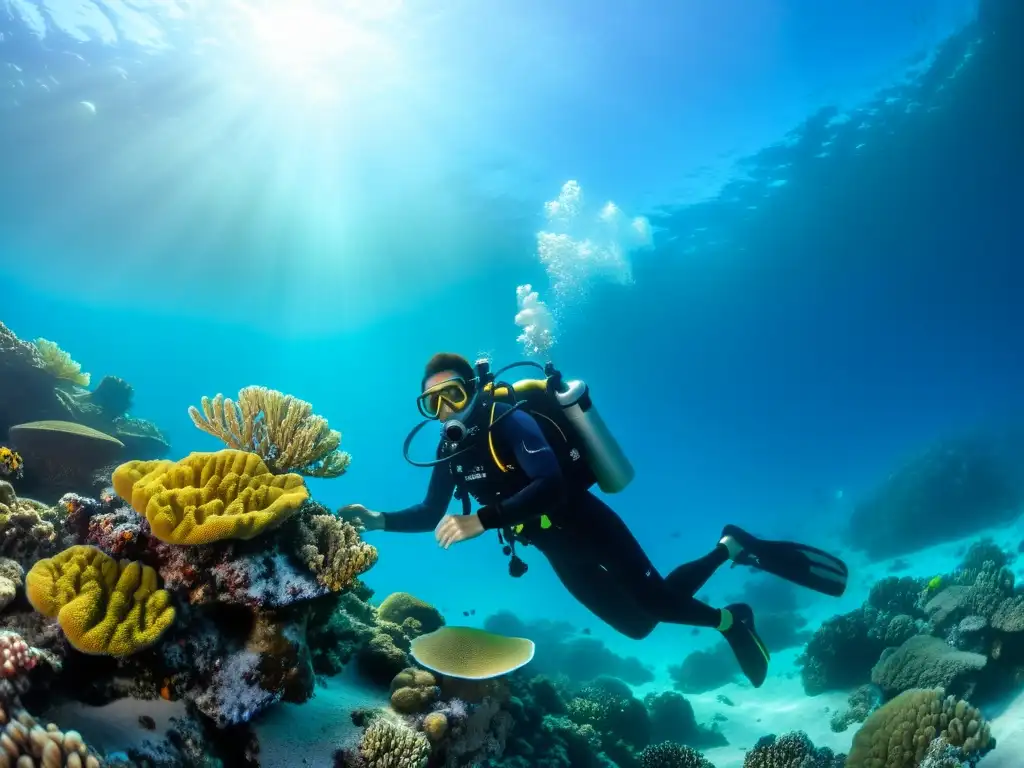 Un fotógrafo submarino ajusta su cámara en un arrecife de coral vibrante