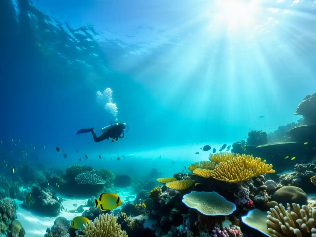 Un fotógrafo submarino ajusta su cámara para capturar la belleza del arrecife de coral y la vida marina