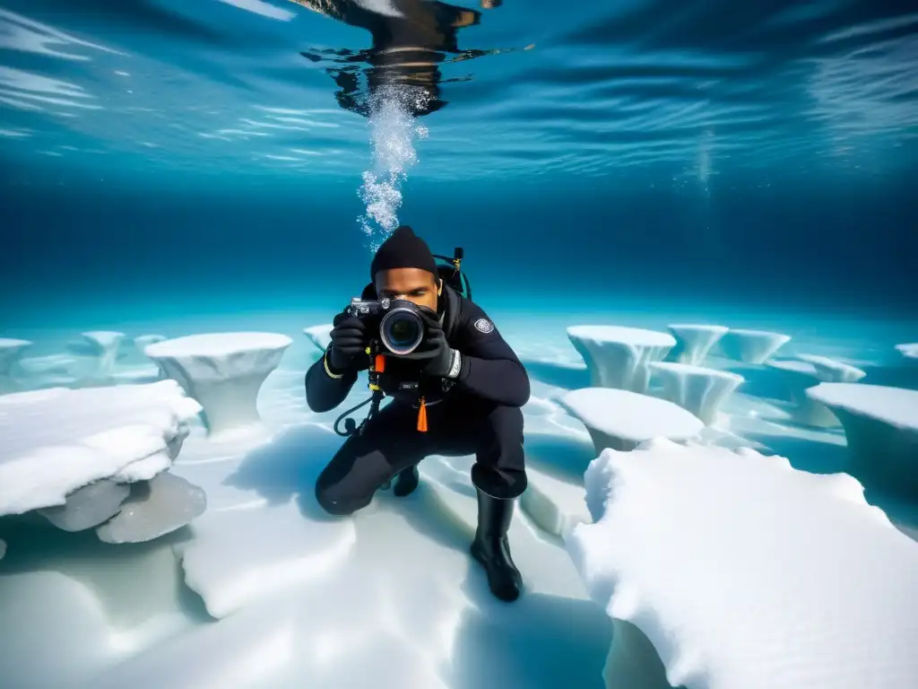 Un fotógrafo submarino ajusta su cámara en un paisaje polar, rodeado de peces vibrantes