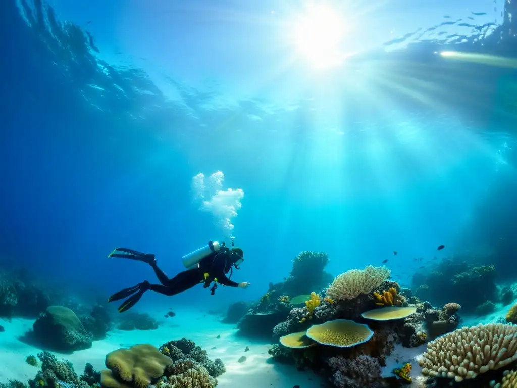 Un fotógrafo submarino ajusta su cámara para fotografía submarina en un vibrante arrecife de coral con aguas cristalinas