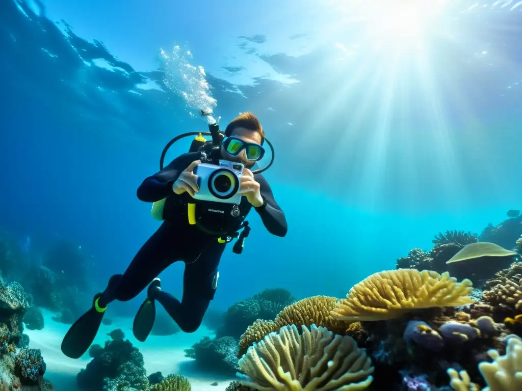 Fotógrafo submarino con cámara en carcasa, rodeado de arrecifes y peces tropicales, creando una vista impresionante de la fotografía subacuática