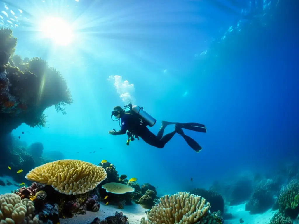 Profesional capturando la belleza submarina Fotógrafo submarino ajustando con cuidado su equipo fotográfico submarino en un vibrante arrecife de coral bajo el agua cristalina