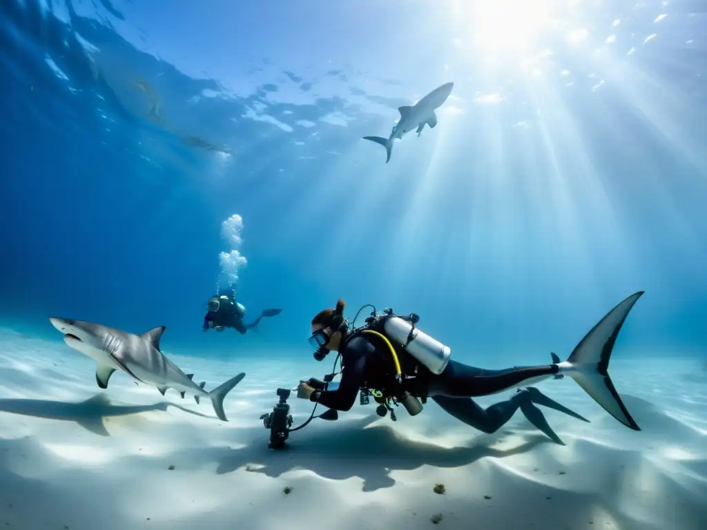 Un fotógrafo submarino con equipo de buceo ajusta una cámara en el fondo marino, rodeado por tiburones