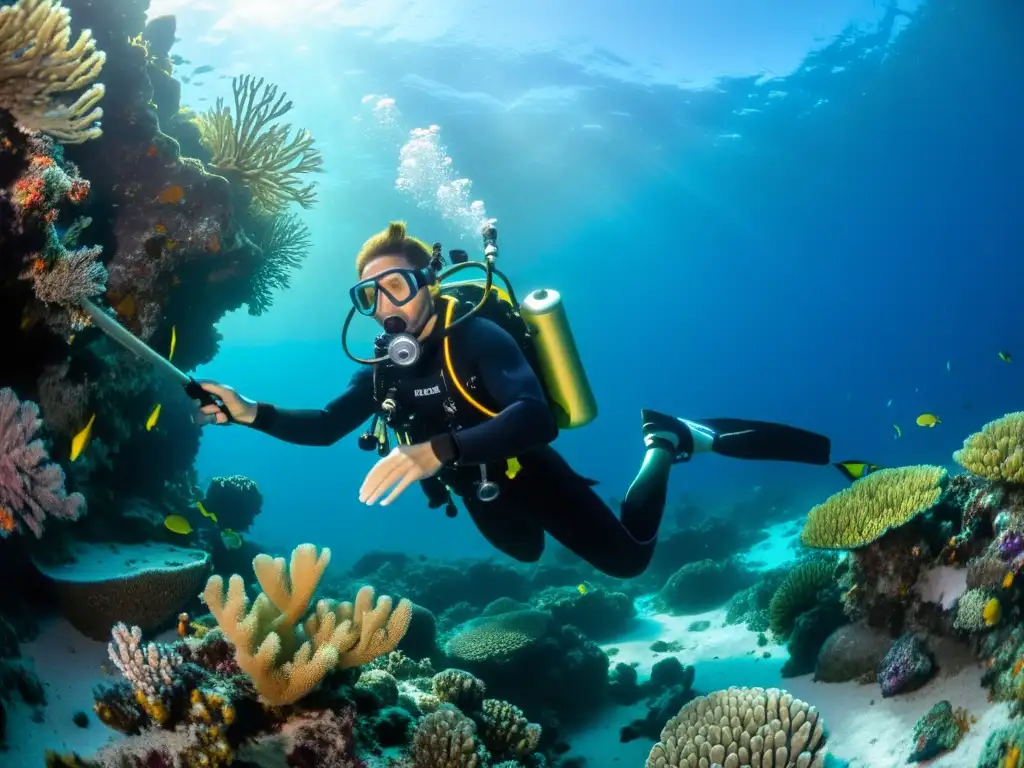 Inspección de cámara en arrecife de coral Un fotógrafo submarino cuida y mantiene su equipo fotográfico entre vibrantes arrecifes de coral