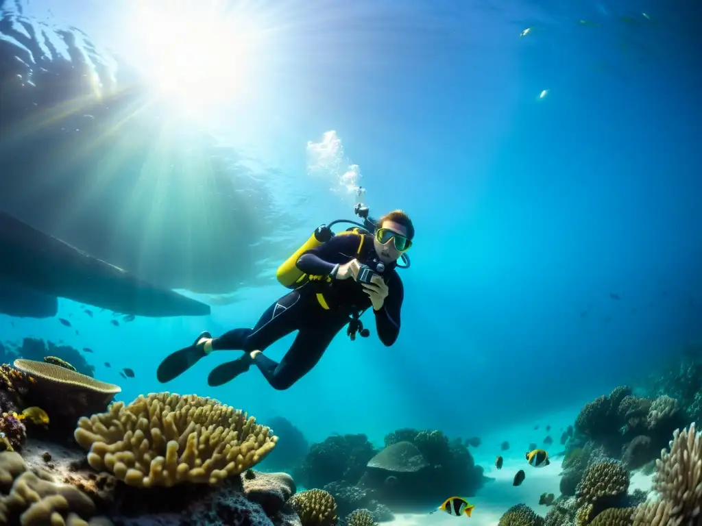 Un fotógrafo submarino profesional con equipo de seguridad captura la belleza de los peces tropicales