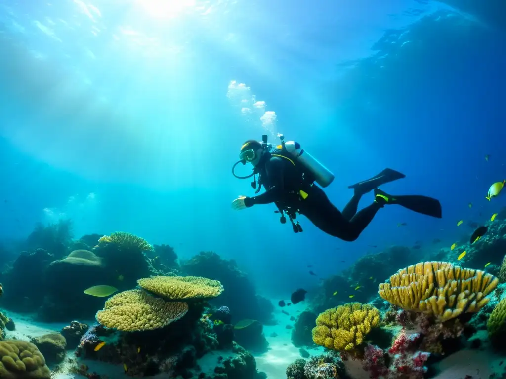 Un fotógrafo submarino captura la vida marina entre arrecifes de coral, demostrando técnicas de supervivencia para fotógrafos submarinos
