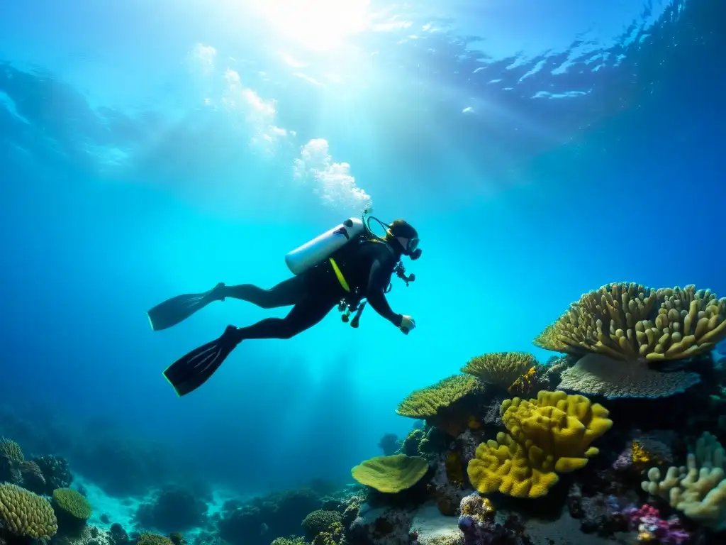 Un fotógrafo de vida marina flota grácilmente sobre un arrecife de coral vibrante, capturando su belleza con precisión experta en aguas cristalinas