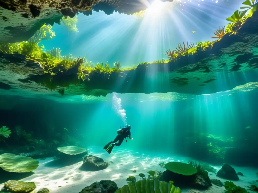 Exploración geológica y vida marina en cenotes: agua turquesa, formaciones rocosas y un buceador en un ambiente subacuático impresionante