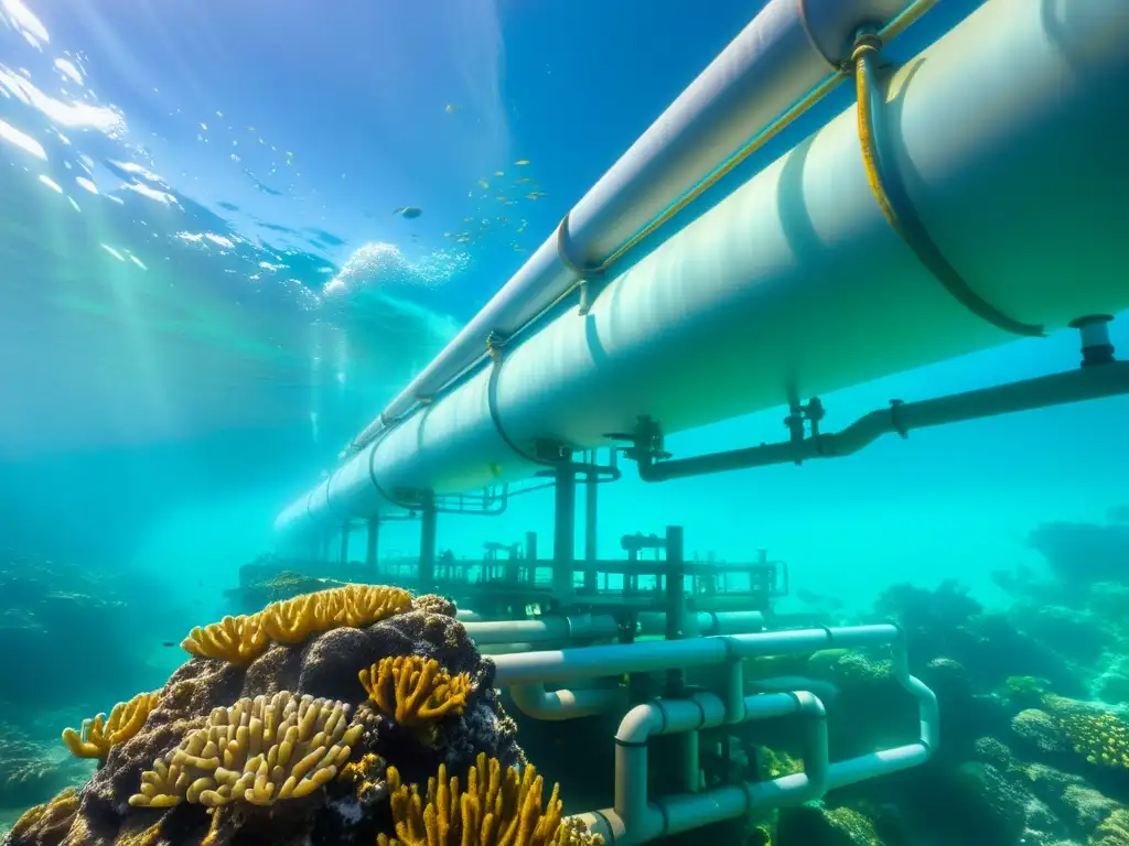 Desalinización y erradicación de sed global: vista submarina de planta desalinizadora junto a un arrecife de coral vibrante y vida marina colorida