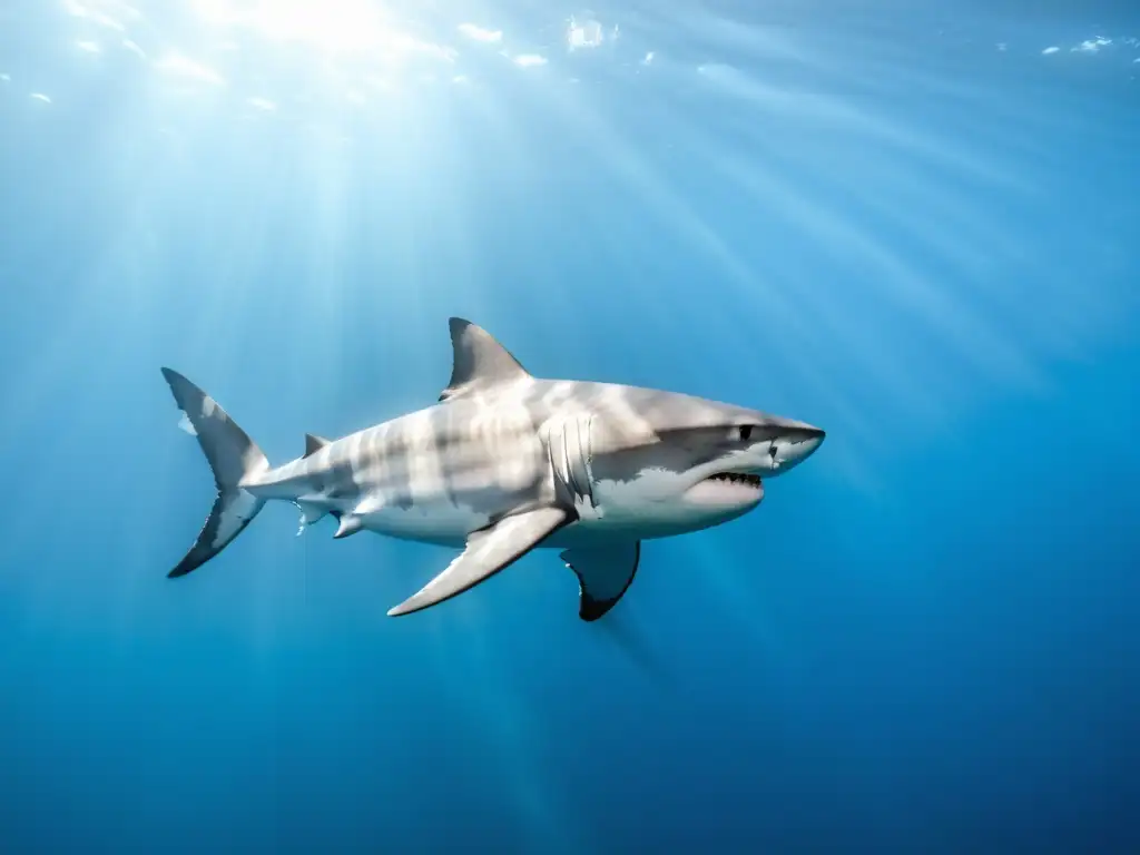 Gran tiburón blanco nadando en aguas cristalinas, capturando la técnica segura de filmar tiburones