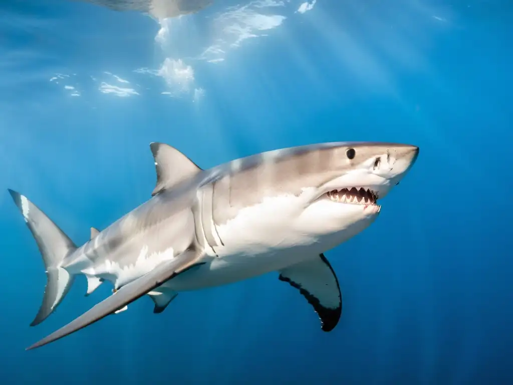 Gran tiburón blanco nadando majestuosamente en aguas cristalinas de Isla Guadalupe