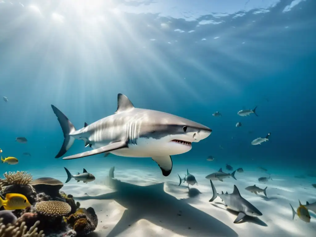 Un gran tiburón blanco nada grácilmente en el fondo marino, rodeado de peces y crustáceos